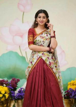 Maroon jacquard silk half saree with gold zari temple elephant border and floral print dupatta