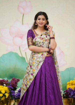 Half saree function purple lehenga with floral print dupatta and zari border
