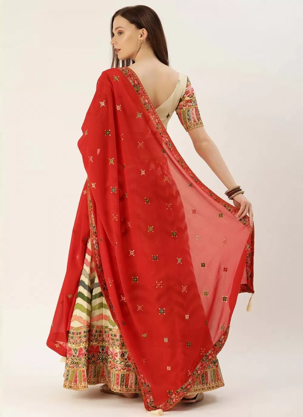 Crafted with Sequins and Multi colors Thread Embroidery work Lahenga