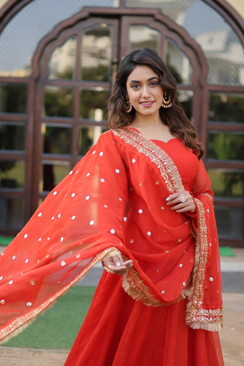 Orange Russian Silk Gown Dupatta With Attractive Embroidered Sequins Work With Lace Border