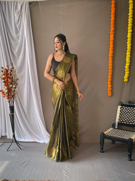 Dark Green Zari Woven Tissue Silk Sarees With Chit Pallu