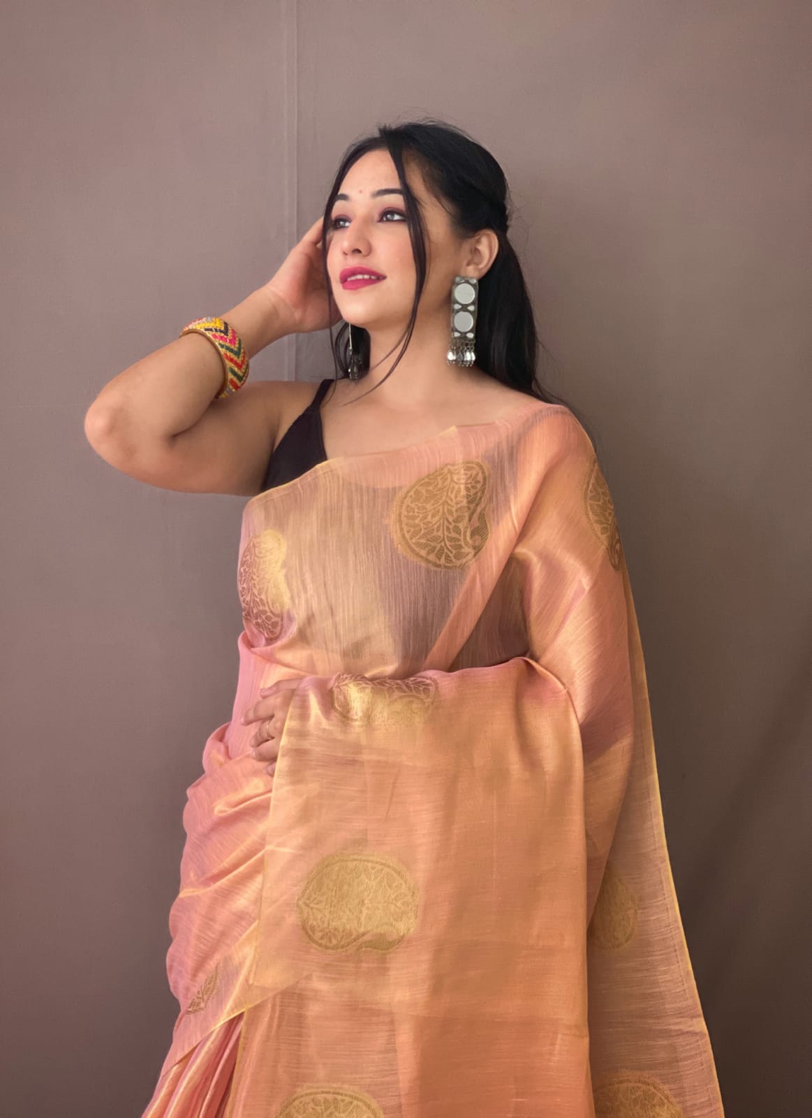 Pink Zari Woven Tissue Silk Sarees With Chit Pallu
