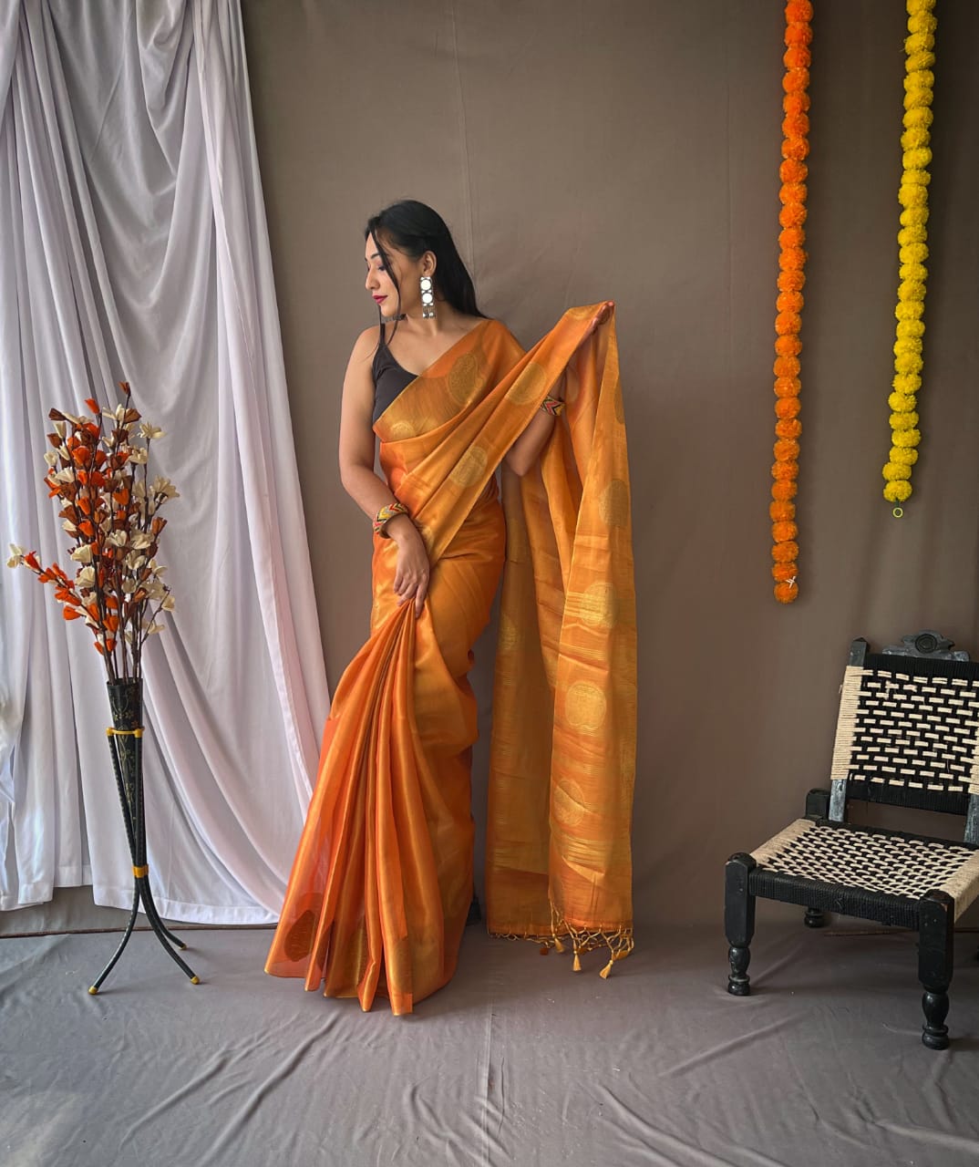 Orange Zari Woven Tissue Silk Sarees With Chit Pallu