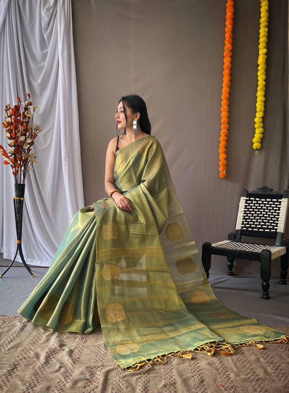 Light Green Zari Woven Tissue Silk Sarees With Chit Pallu