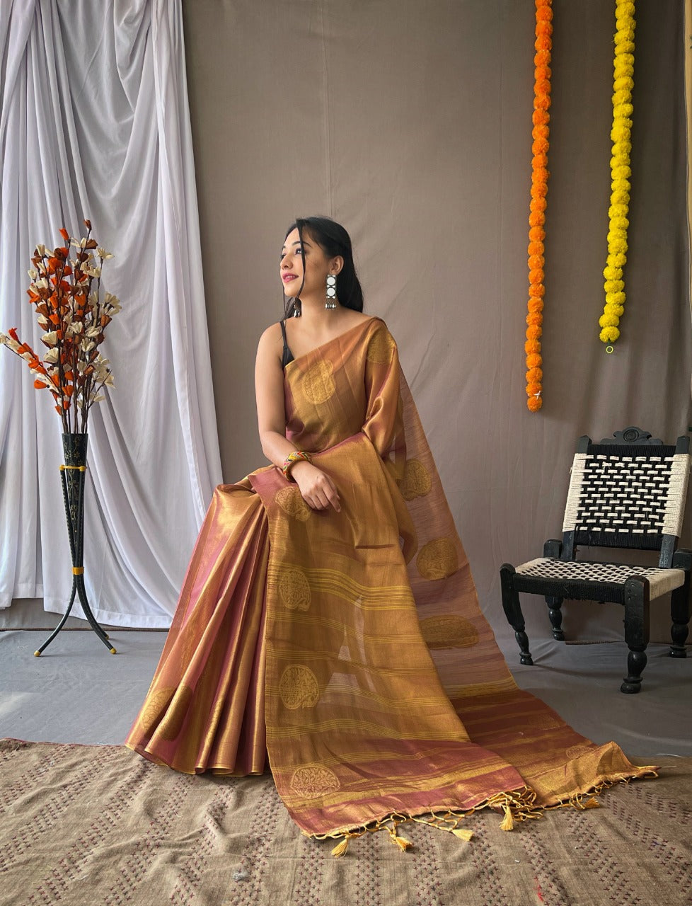 Brown Zari Woven Tissue Silk Sarees With Chit Pallu
