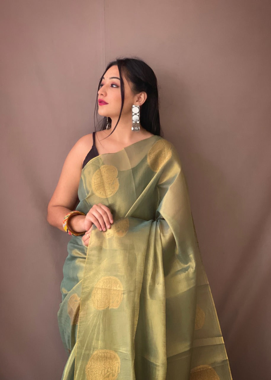 Light Green Zari Woven Tissue Silk Sarees With Chit Pallu