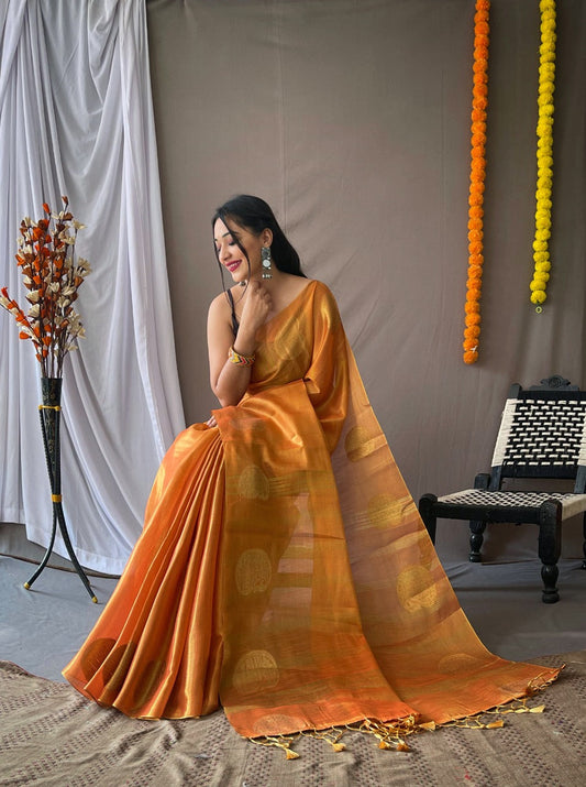 Orange Zari Woven Tissue Silk Sarees With Chit Pallu