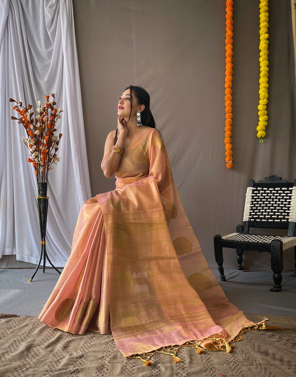 Pink Zari Woven Tissue Silk Sarees With Chit Pallu