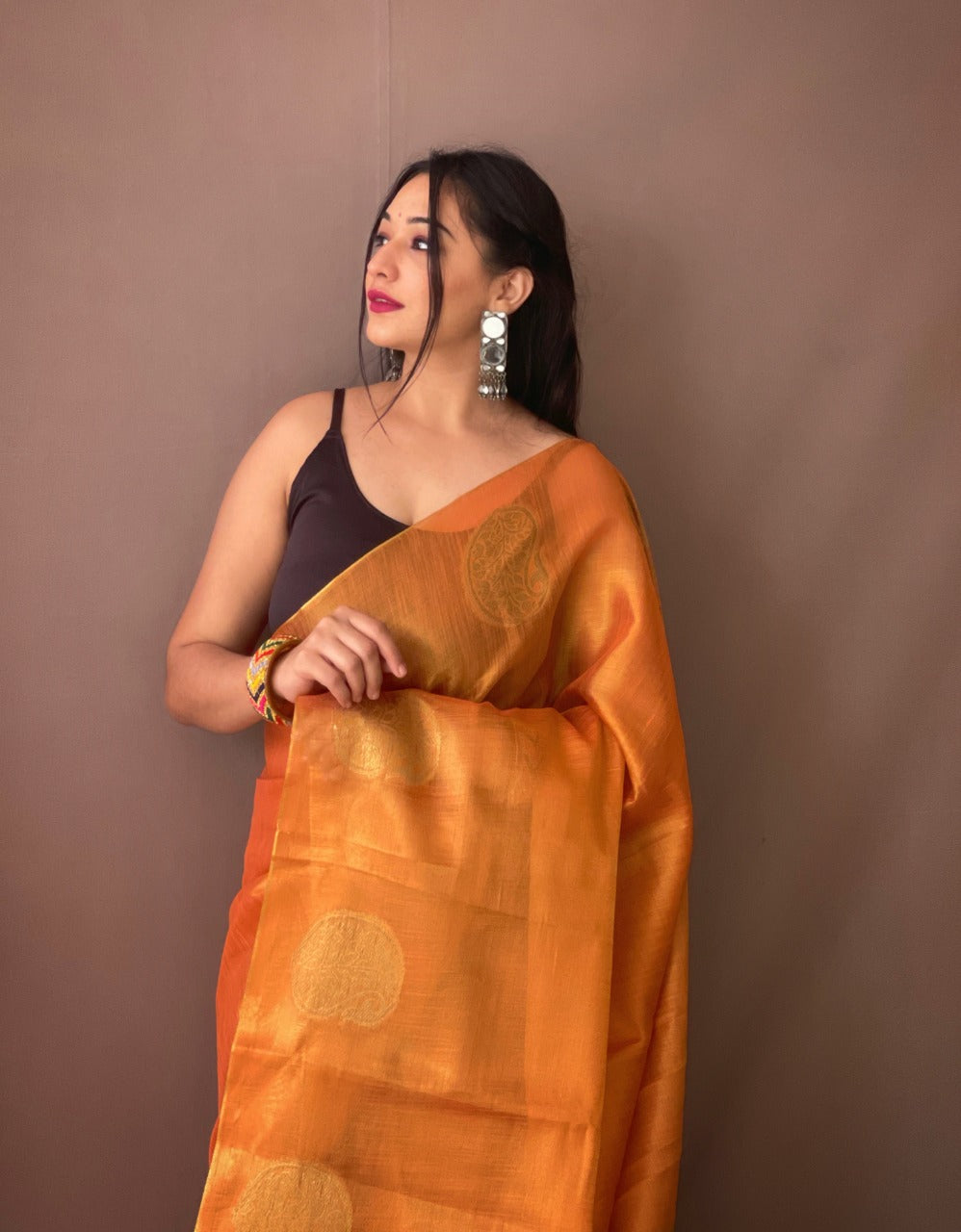 Orange Zari Woven Tissue Silk Sarees With Chit Pallu