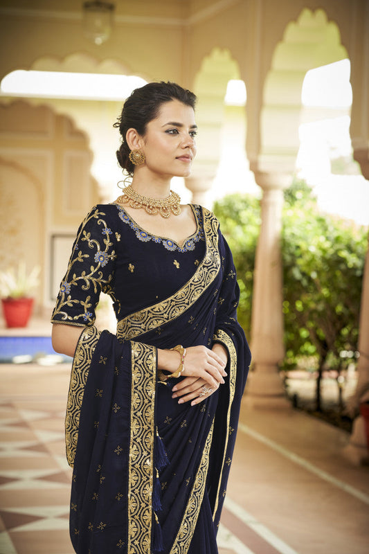 Blue Sequence With Swarovski Work Vichitra Silk Saree