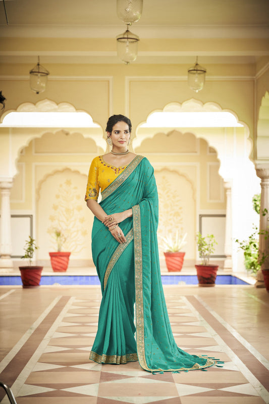 Rama Green Sequence With Swarovski Work Vichitra Silk Saree
