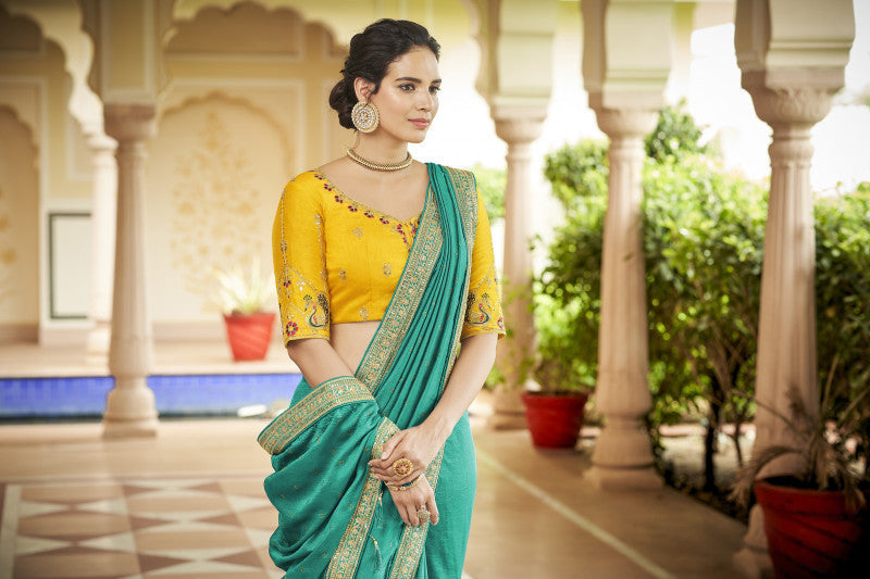 Rama Green Sequence With Swarovski Work Vichitra Silk Saree