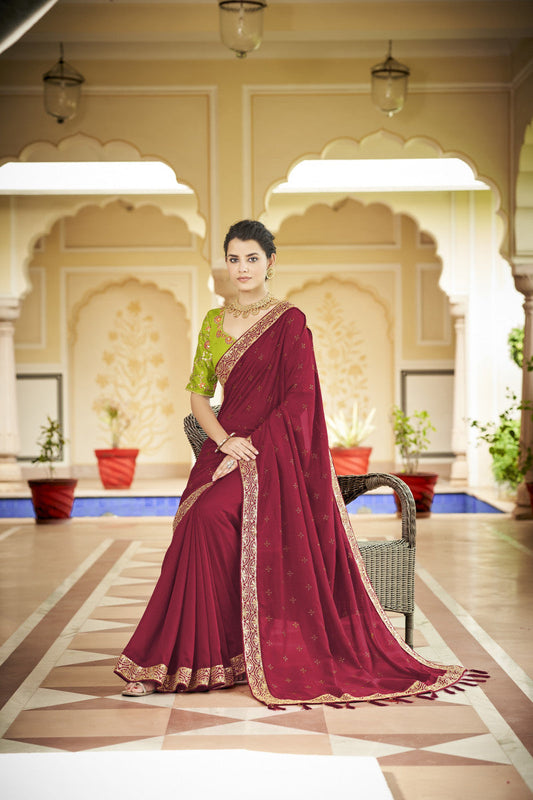 Red Sequence With Swarovski Work Vichitra Silk Saree