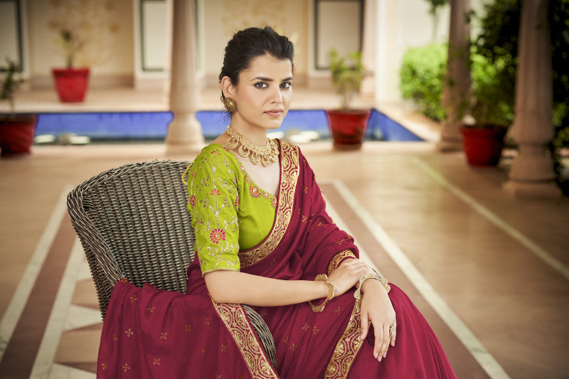 Red Sequence With Swarovski Work Vichitra Silk Saree