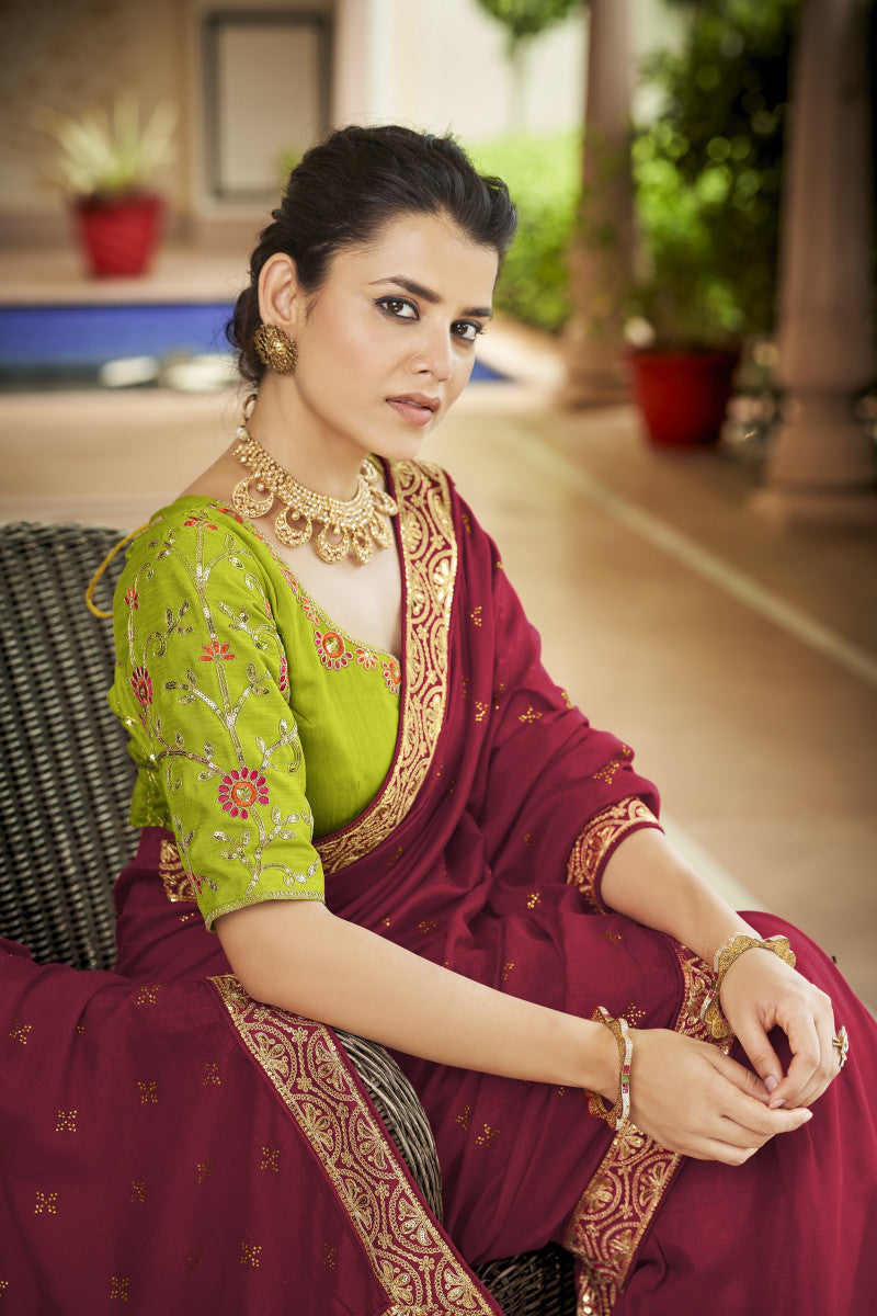 Red Sequence With Swarovski Work Vichitra Silk Saree