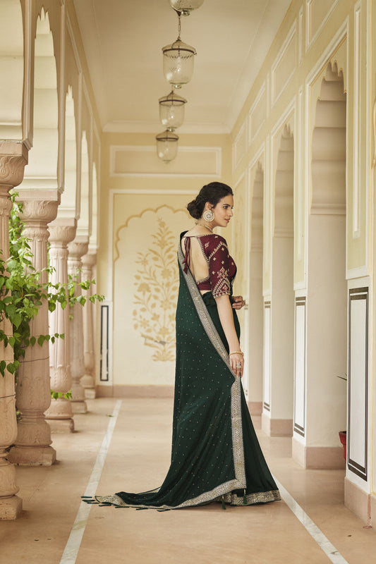 Green Sequence With Swarovski Work Vichitra Silk Saree