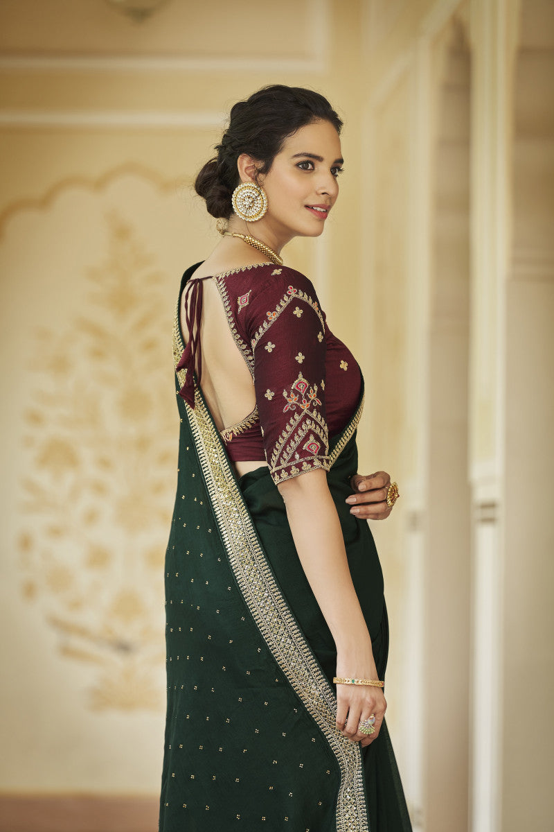Green Sequence With Swarovski Work Vichitra Silk Saree