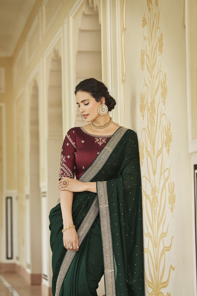 Green Sequence With Swarovski Work Vichitra Silk Saree
