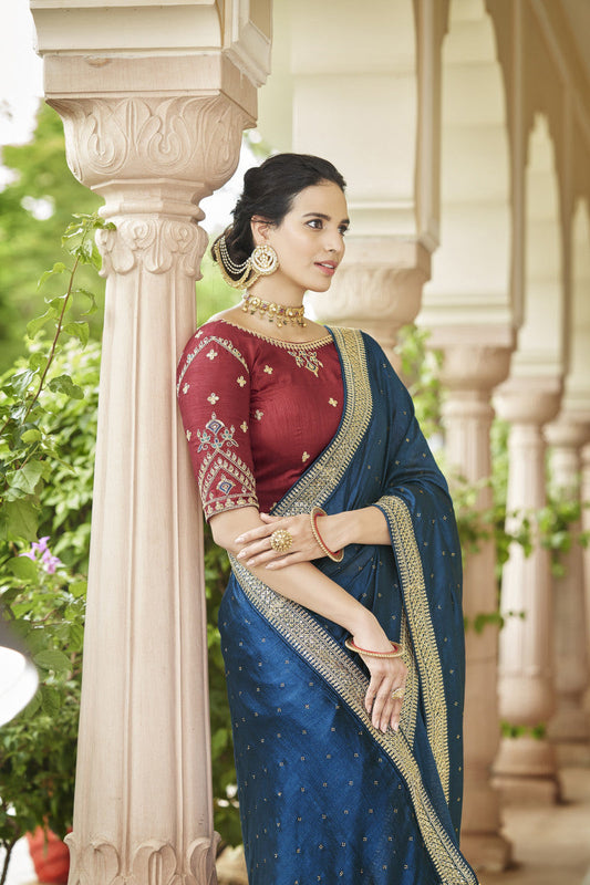 Blue Sequence With Swarovski Work Vichitra Silk Saree