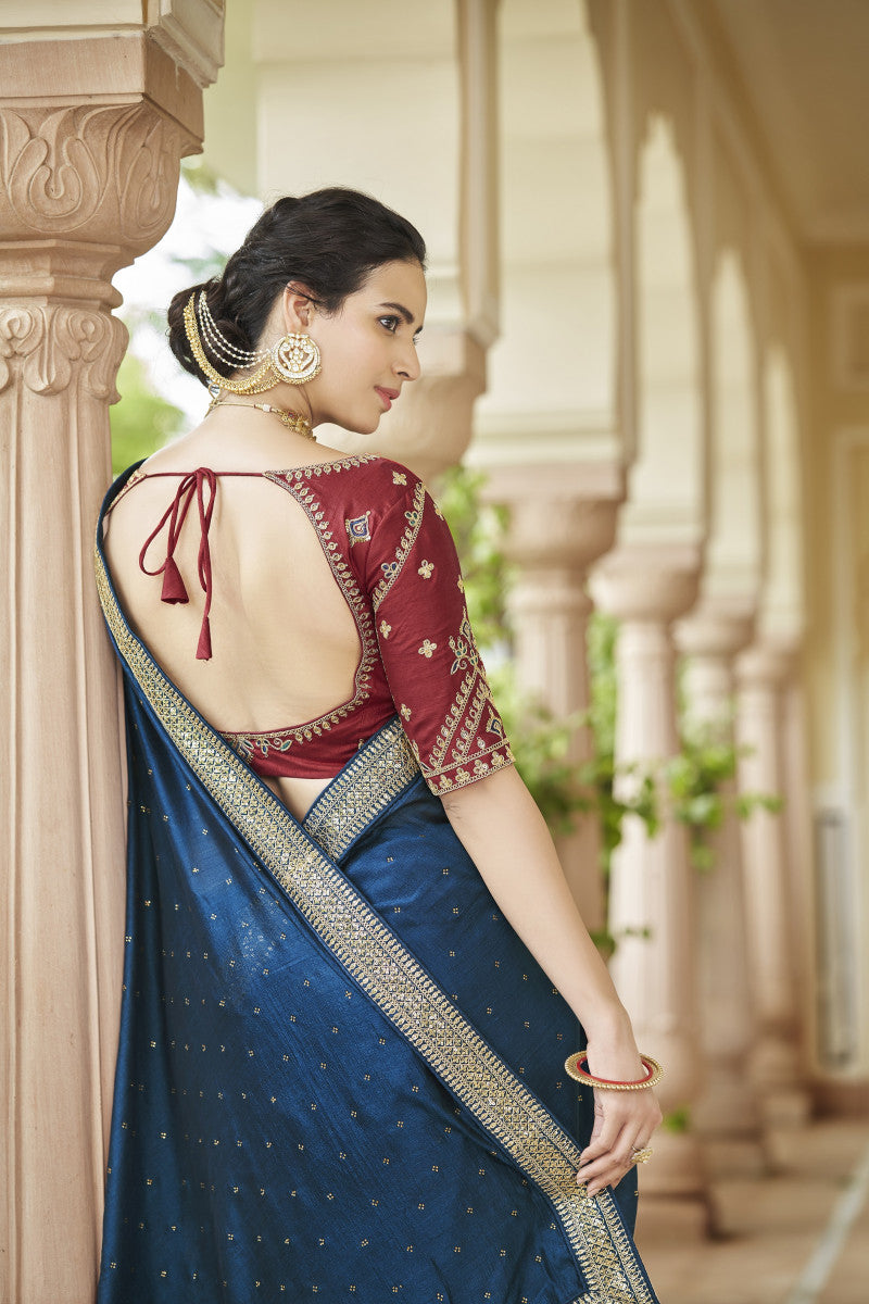 Blue Sequence With Swarovski Work Vichitra Silk Saree