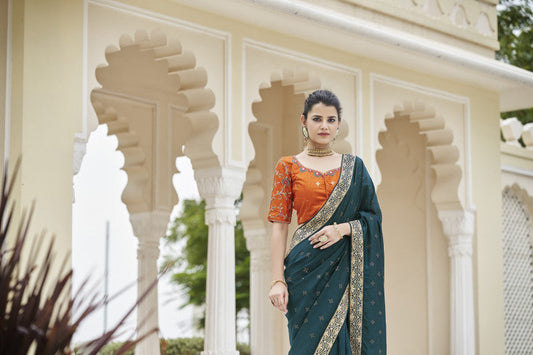 Morpich Sequence With Swarovski Work Vichitra Silk Saree