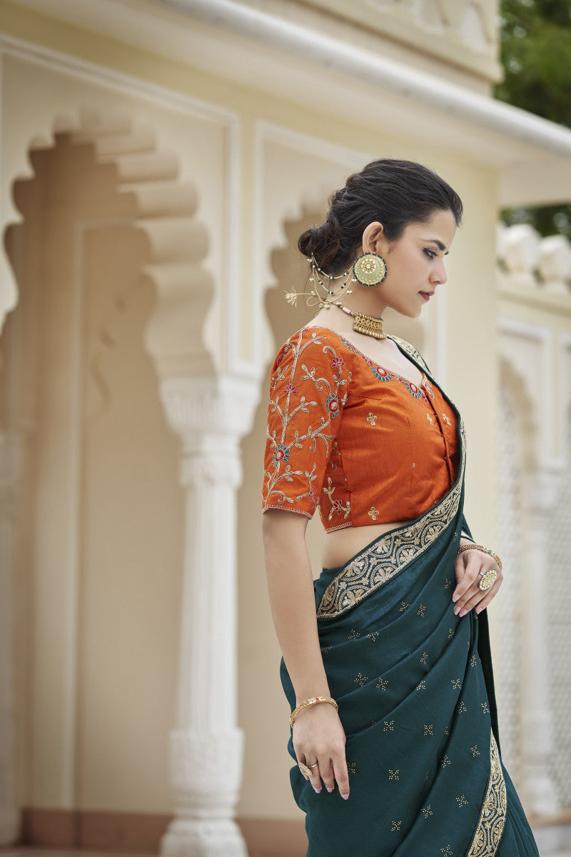 Morpich Sequence With Swarovski Work Vichitra Silk Saree