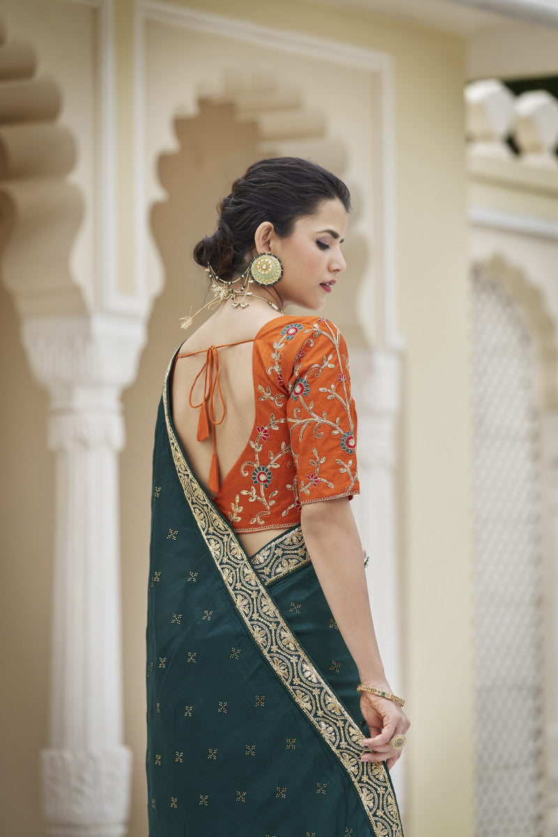 Morpich Sequence With Swarovski Work Vichitra Silk Saree