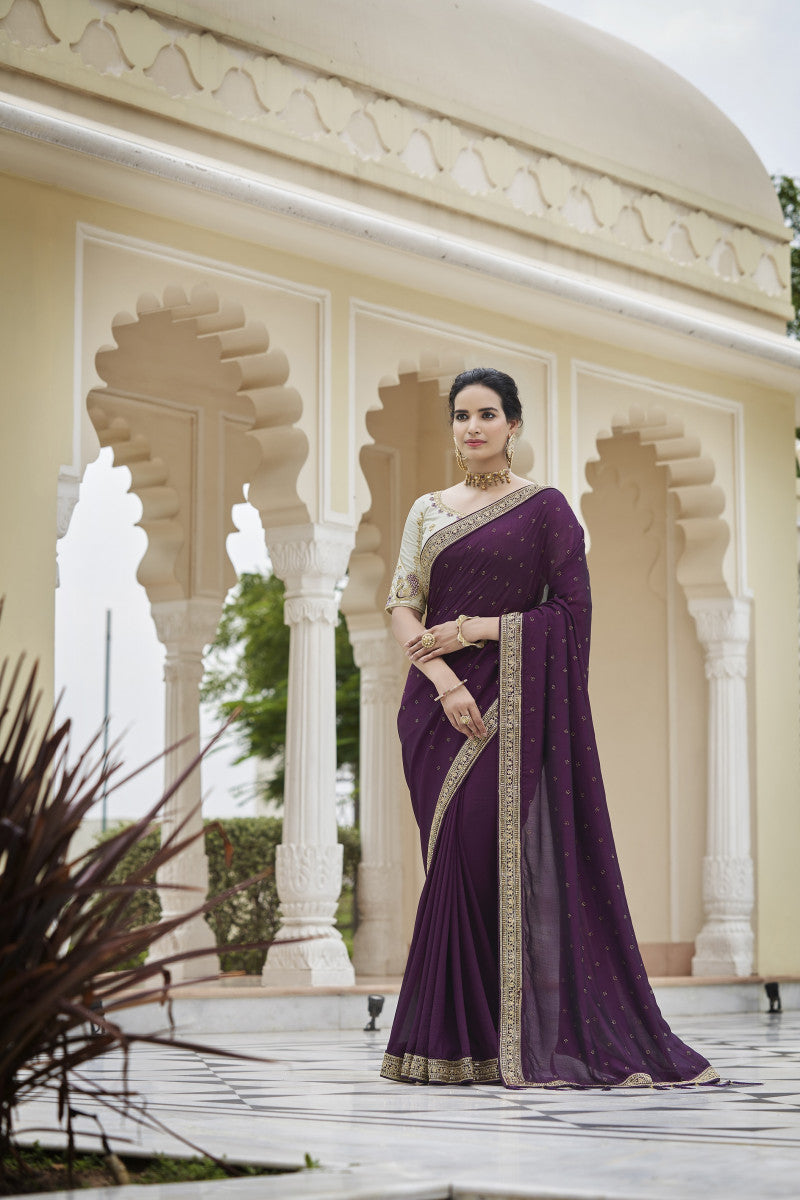 Wine Sequence With Swarovski Work Vichitra Silk Saree