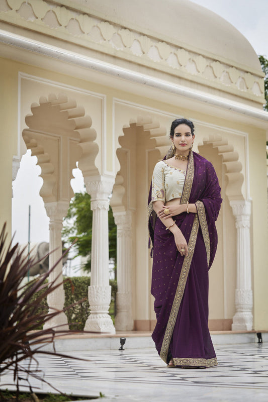 Wine Sequence With Swarovski Work Vichitra Silk Saree