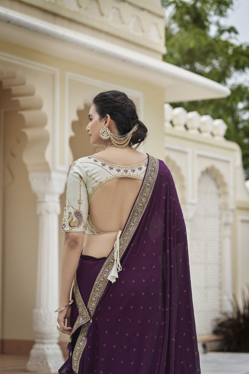 Wine Sequence With Swarovski Work Vichitra Silk Saree