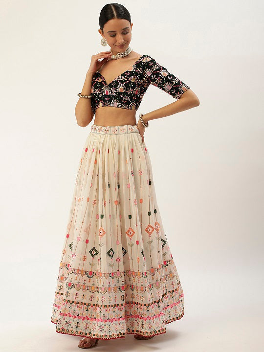 White Color Thread And Sequins Embroidery Work Georgette Lehenga Choli