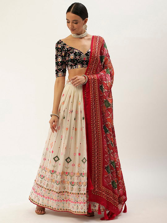 White Color Thread And Sequins Embroidery Work Georgette Lehenga Choli