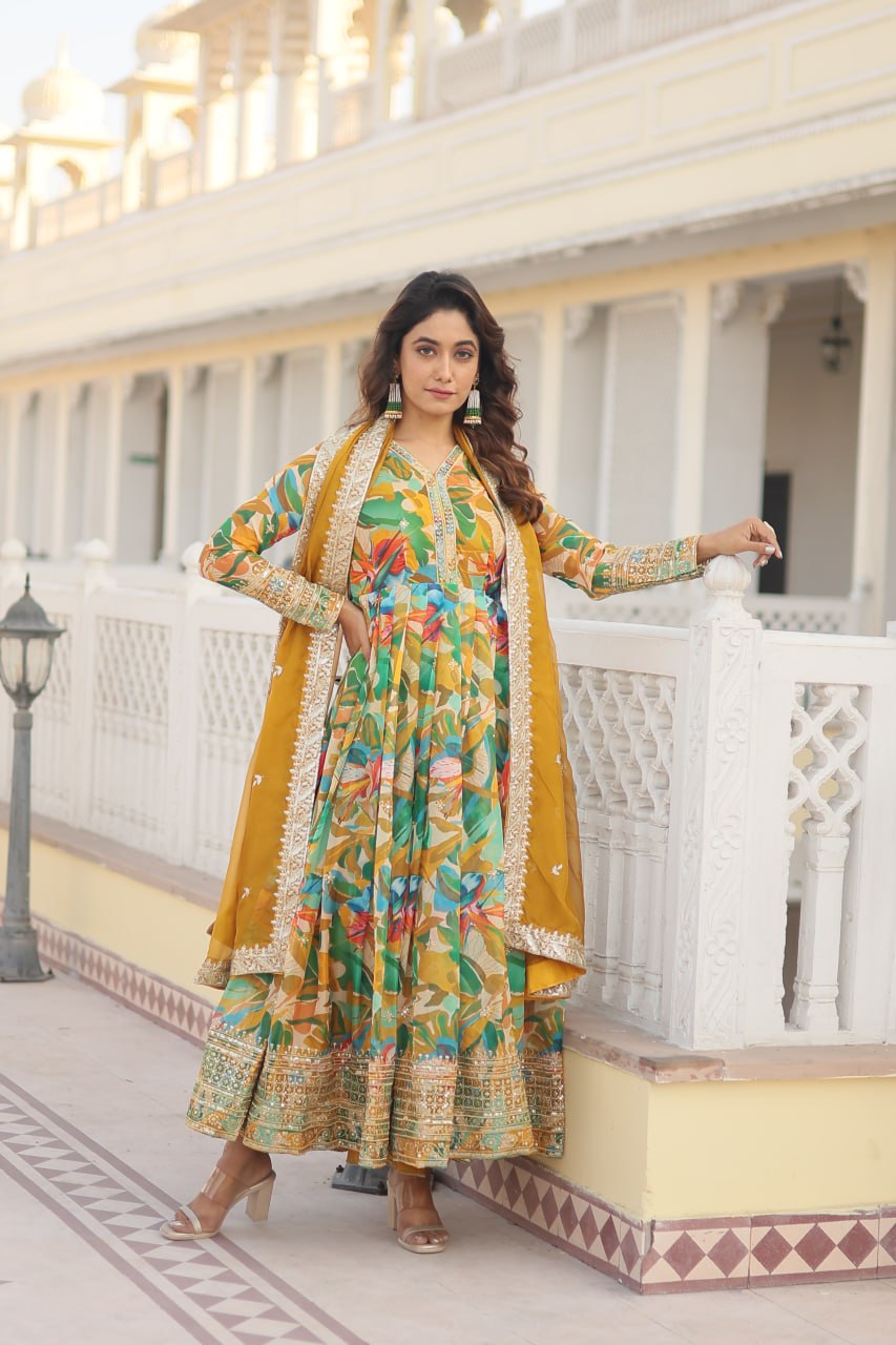 Green Multi Colour Digital Printed Russian Silk With Embroidery Zari Sequins Work Gown