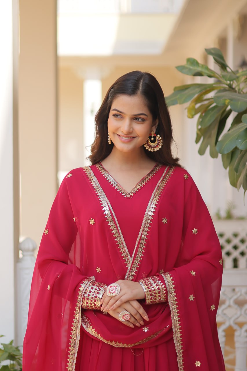 Pink Colour Faux Blooming Gown With Dupatta With Attractive Embroidered Sequins Work