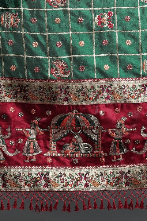 Patola Silk Saree | Bottle Green, Red Panetar Wedding Saree | Doli Design Saree