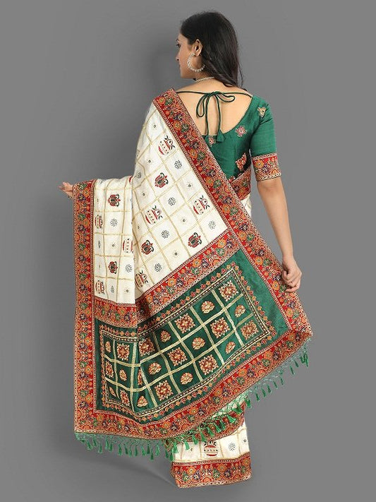 White And Green Beautiful Designer Panetar Silk Saree