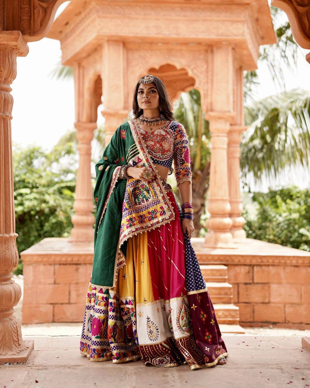 Multicolor Digital Print Real Mirror Work Navratri Lehenga Choli