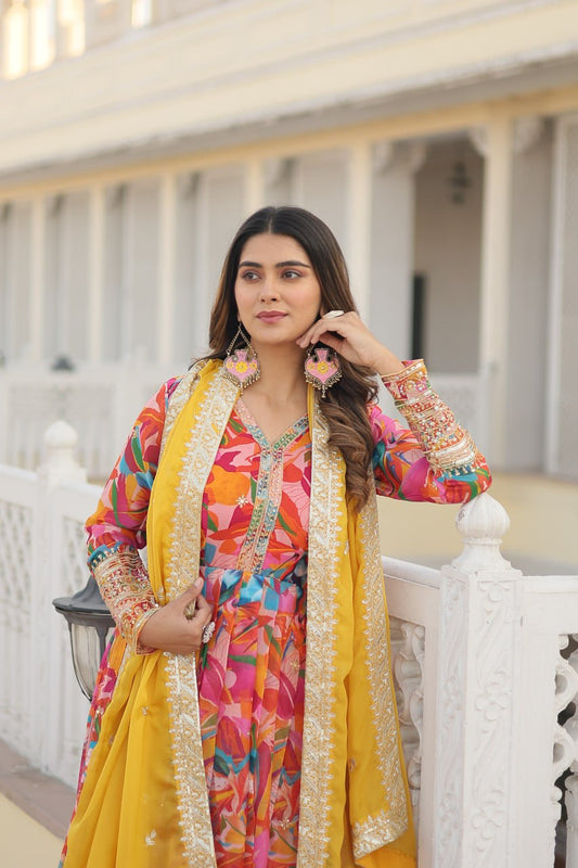 Pink Multi Colour Digital Printed Russian Silk With Embroidery Zari Sequins Work Gown