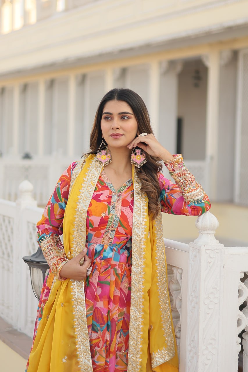 Pink Multi Colour Digital Printed Russian Silk With Embroidery Zari Sequins Work Gown