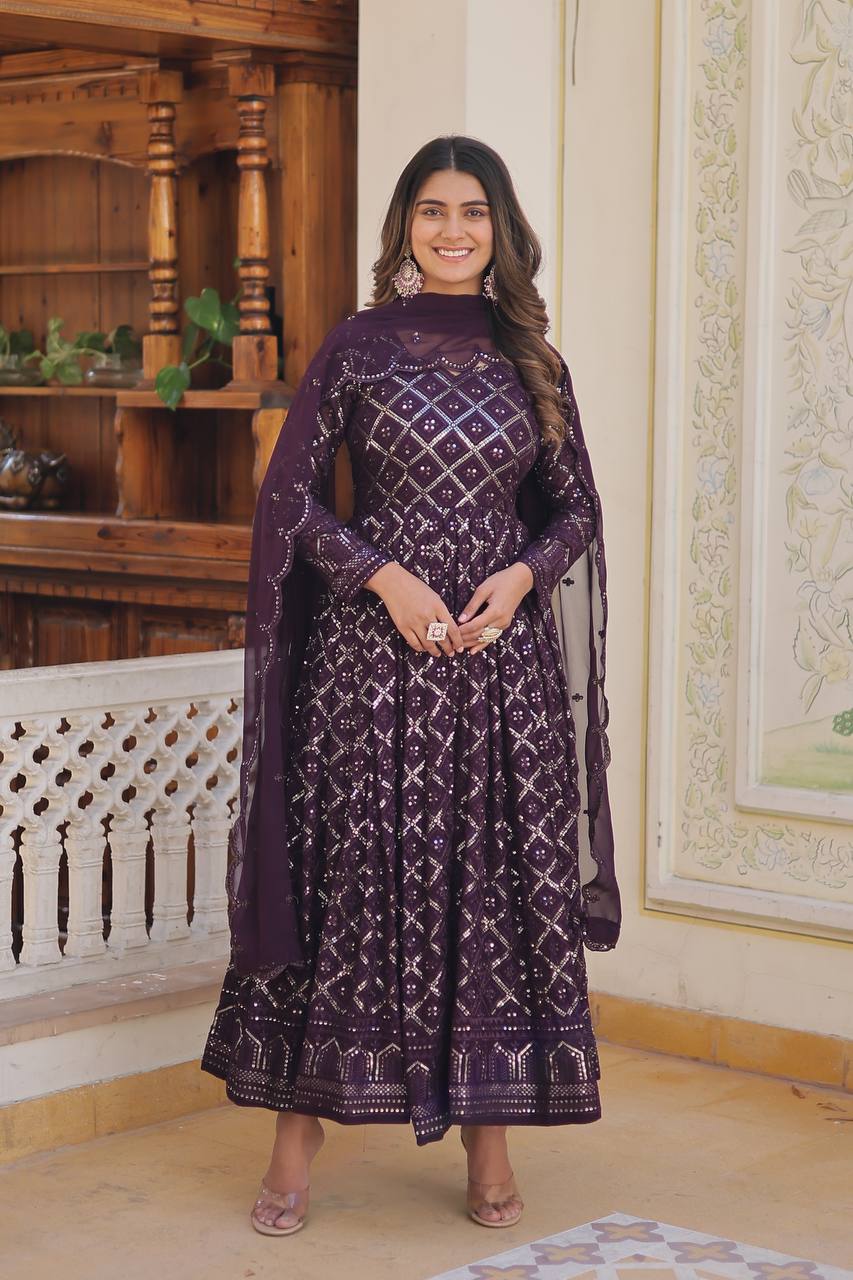 Wine Colour Faux Blooming With Sequins Embroidered Work Gown With Dupatta