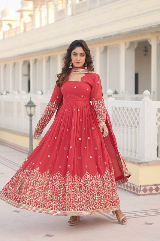 Orange Red Colour Faux Georgette With Sequins Embroidered Work Gown With Dupatta