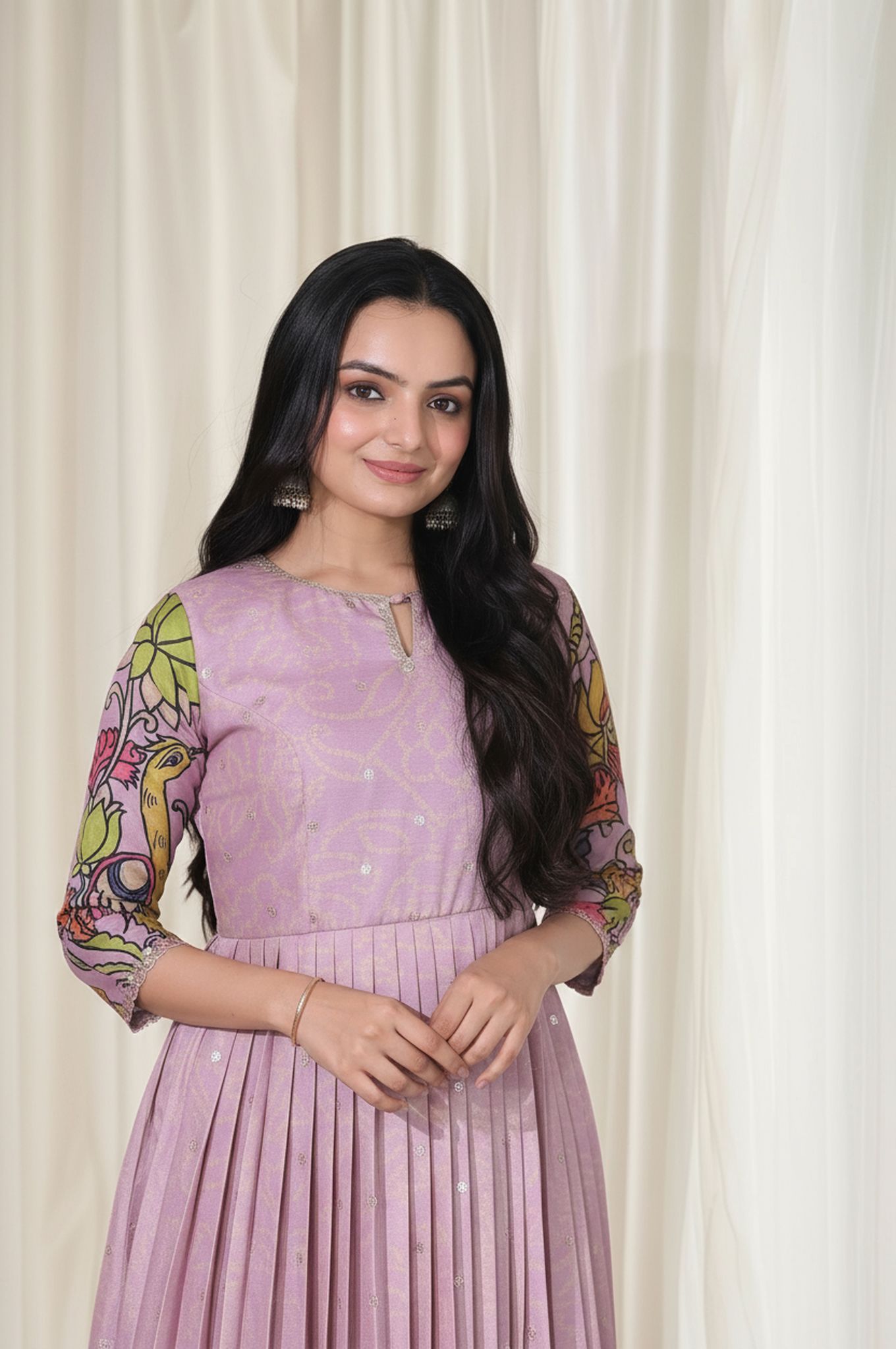 Lavender Tussar Silk Flared Gown with Delicate Kalamkari Floral & Peacock Print