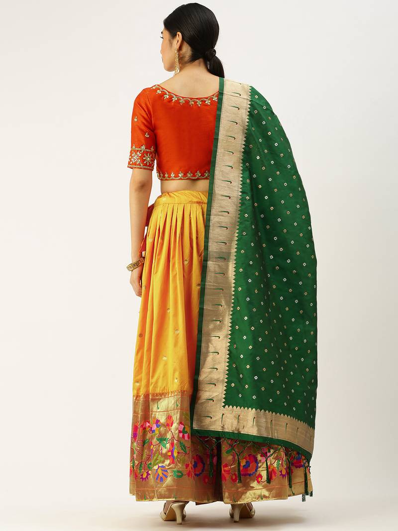 Green Printed Semi-Stitched Lehenga & Unstitched Blouse With Dupatta