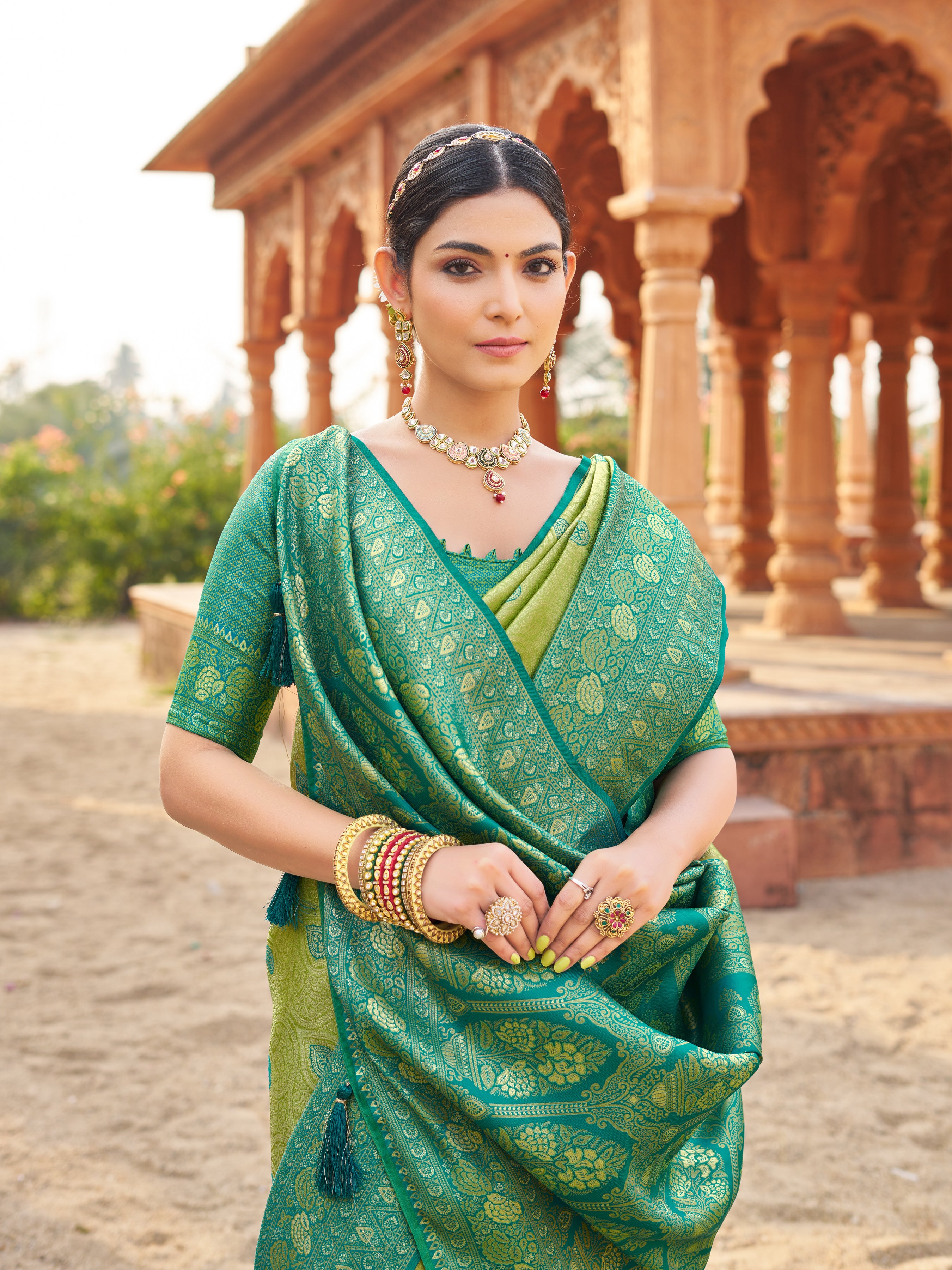 Green Soft Banarasi Silk With Gold Zari Weaving With Zhallar Saree With Blouse Piece