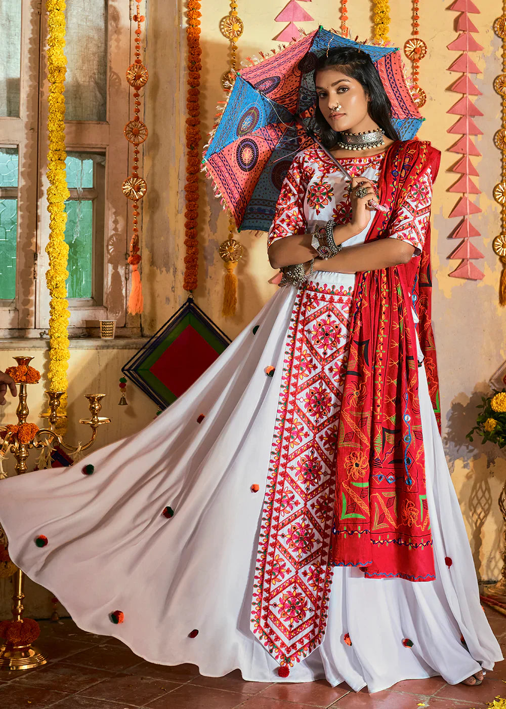 Glamorous White Maslin Cotton Navratri Chaniya Choli