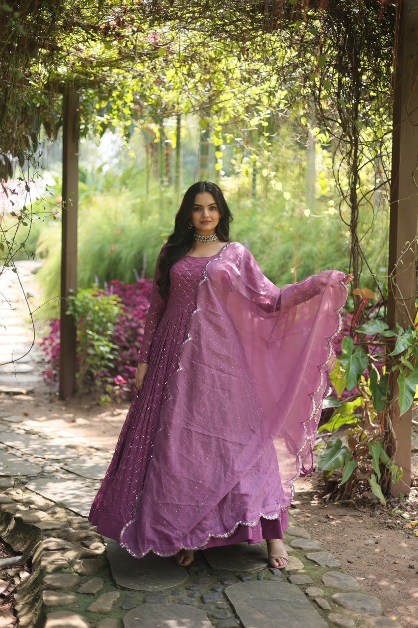 Onion Faux Georgette With Parallel Chex Designed Sequins Multi And Thread Embroidered Work Gown