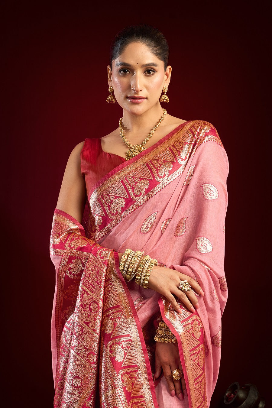 Pink Fancy Modal Banarasi Zari Saree with Premium Zhallar Border – Designer Festive Party Wear Saree
