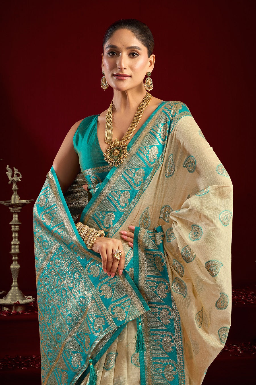 Beige Fancy Modal Banarasi Zari Saree with Premium Zhallar Border – Designer Festive Party Wear Saree