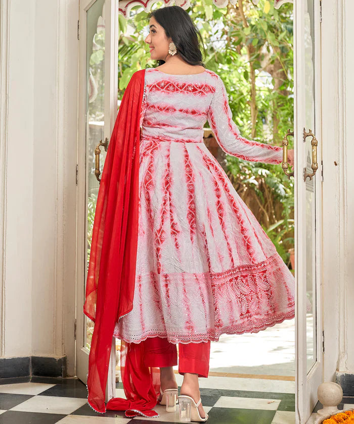 Red And White Lakhnavi Chikankari Embroidery Suit Set