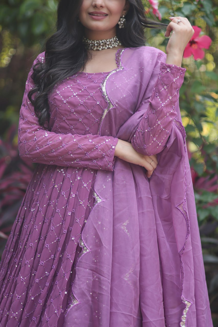 Onion Faux Georgette With Parallel Chex Designed Sequins Multi And Thread Embroidered Work Gown